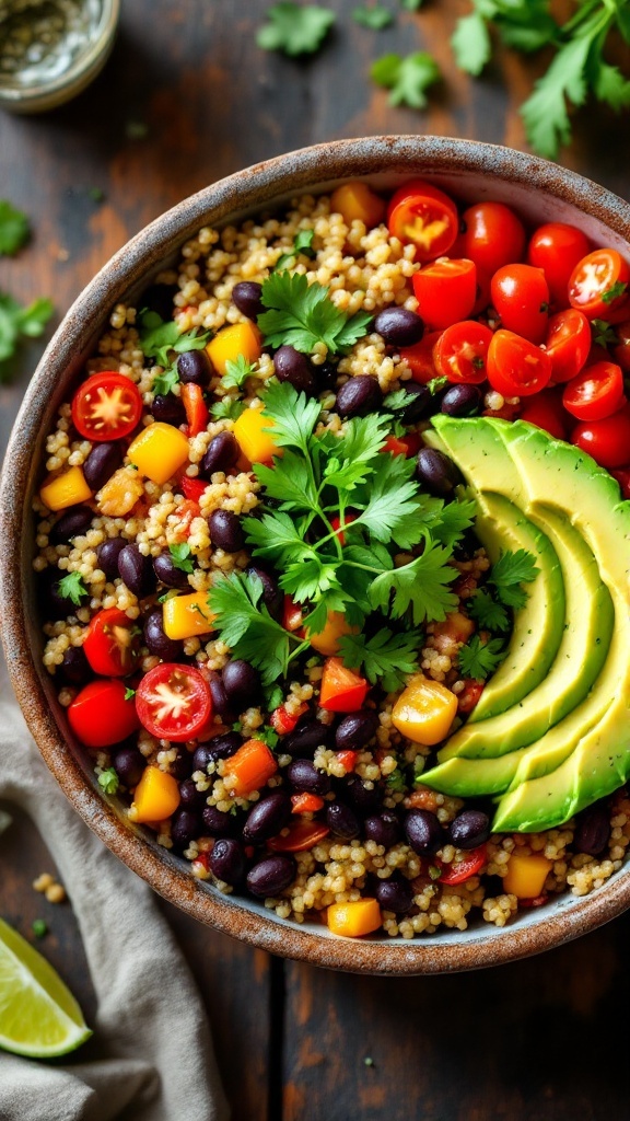 A colorful vegan quinoa and black bean bowl with tomatoes, bell pepper, avocado, and cilantro.